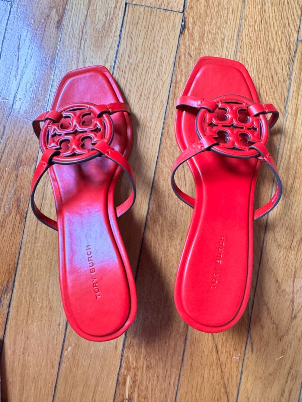 Tory Burch Red Leather Logo Slide Heels - Picture 2 of 6
